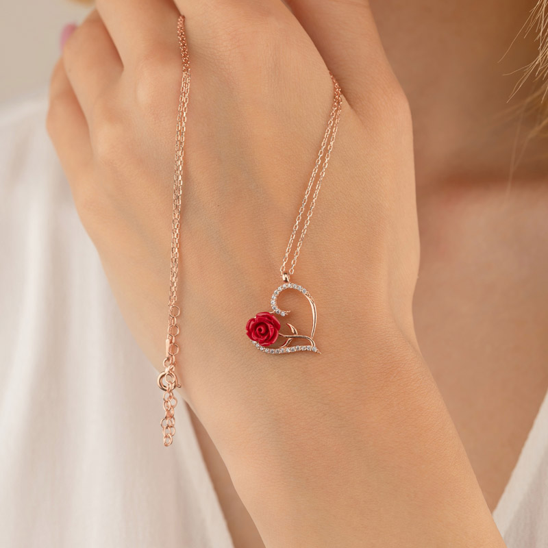 Heart Motif Red Rose Sterling Silver Necklace - Thumbnail