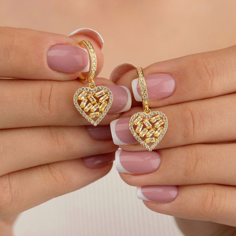Heart Pattern Gold Plated Dangle Earrings in Sterling Silver - Thumbnail