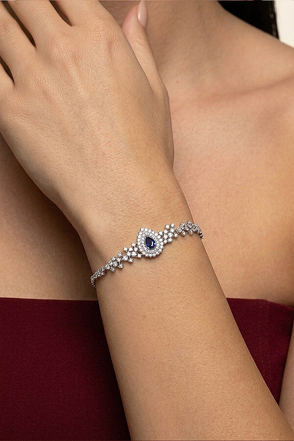 Hürrem Sultan Modeli Safir Taşllı Damla Motifli 925 Ayar Gümüş Bileklik - Gümüş Pazarım