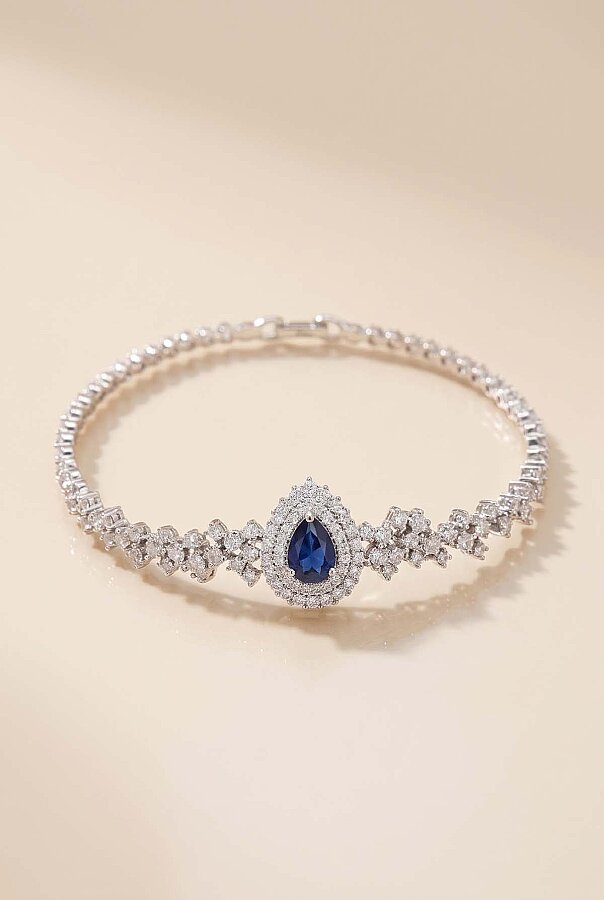 Hürrem Sultan Modeli Safir Taşllı Damla Motifli 925 Ayar Gümüş Bileklik 