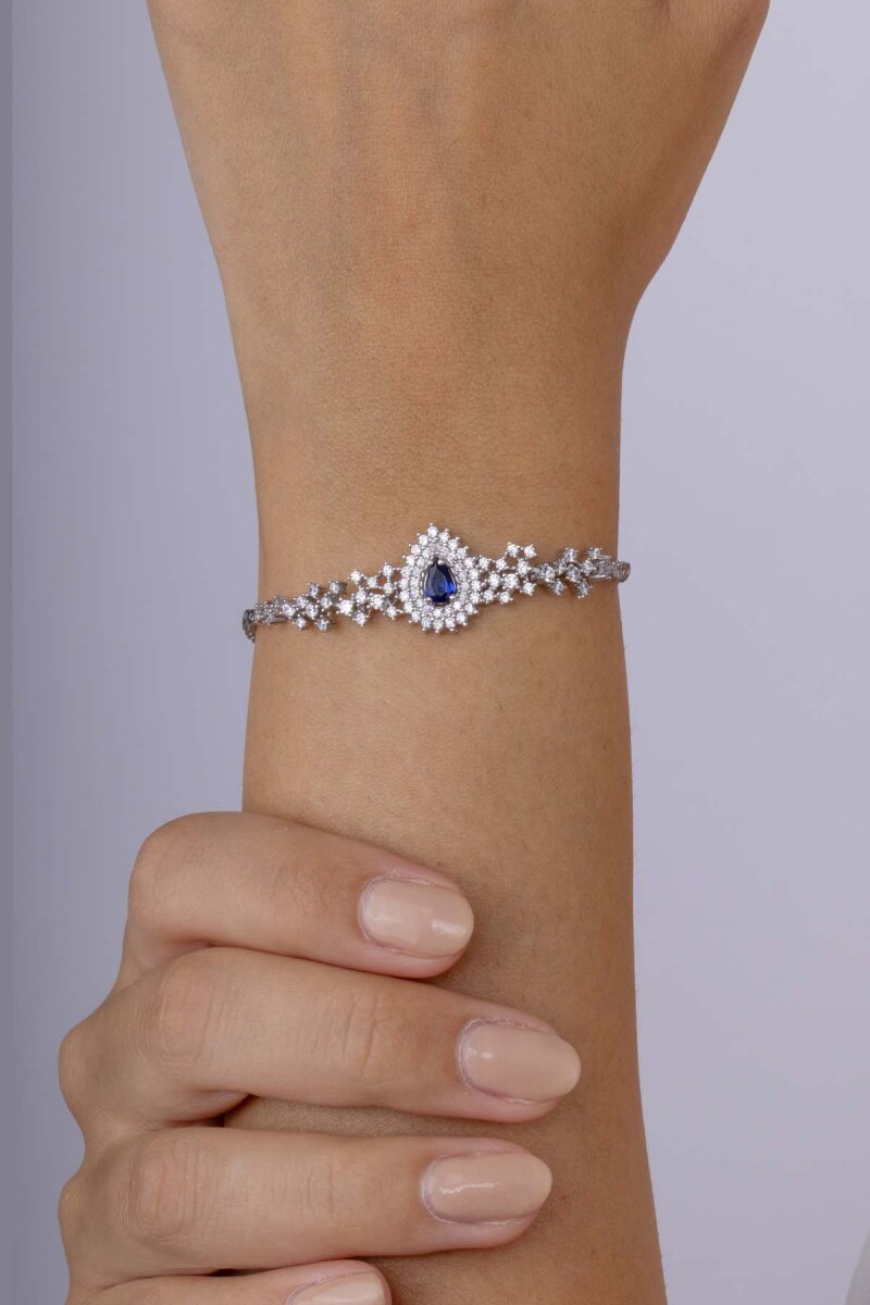 Hürrem Sultan Modeli Safir Taşllı Damla Motifli 925 Ayar Gümüş Bileklik - 3