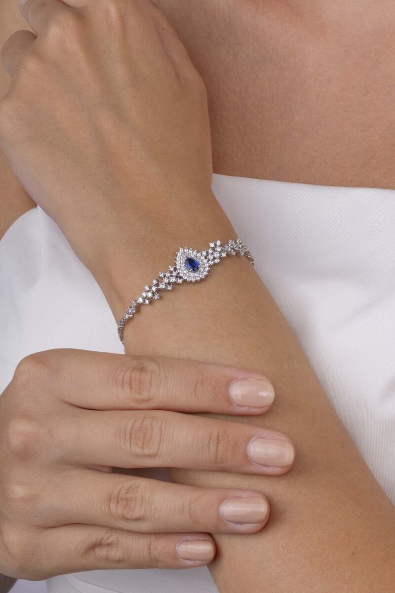 Hürrem Sultan Modeli Safir Taşllı Damla Motifli 925 Ayar Gümüş Bileklik - 1