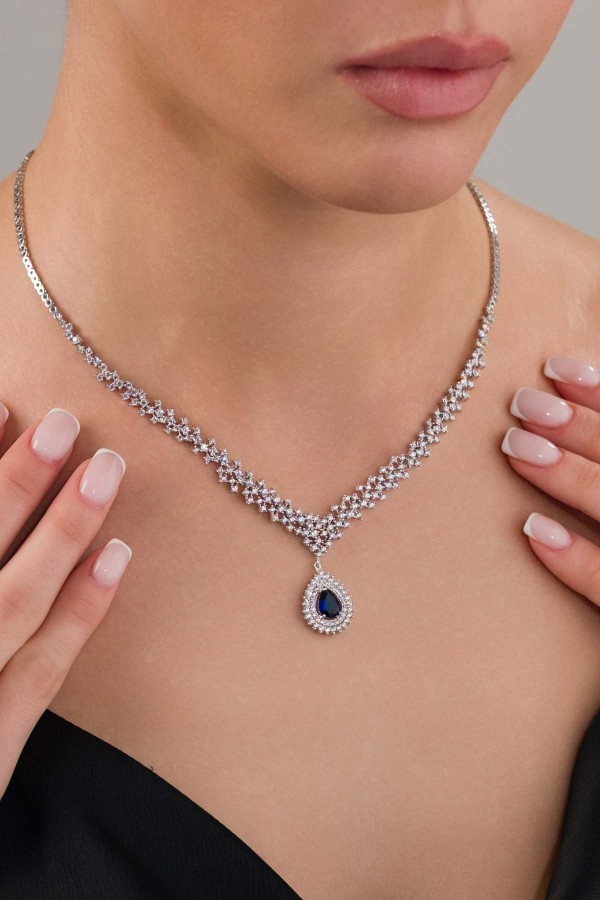 Hürrem Sultan Modeli Safir Taşllı Damla Motifli 925 Ayar Gümüş Kolye - Gümüş Pazarım (1)