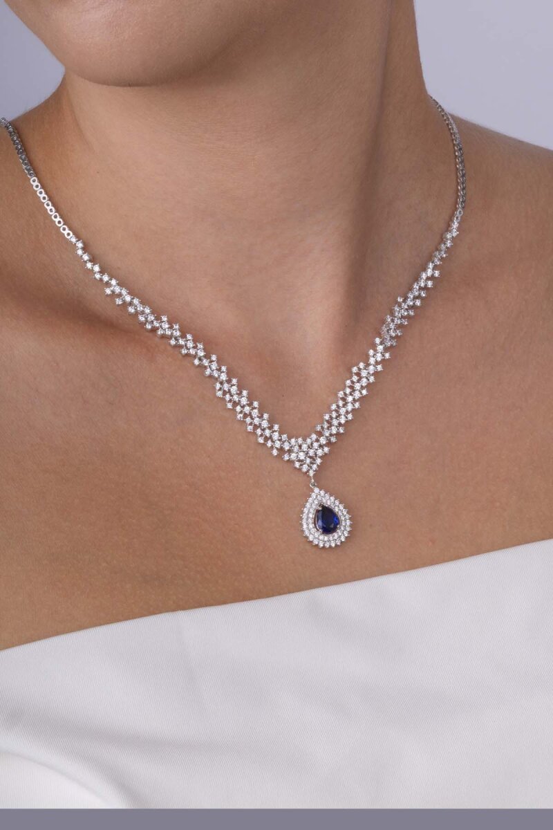 Hürrem Sultan Modeli Safir Taşllı Damla Motifli 925 Ayar Gümüş Kolye - 2
