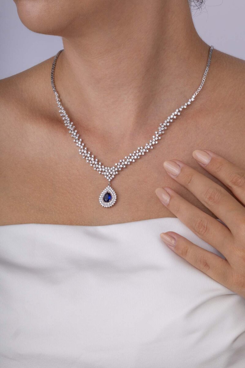 Hürrem Sultan Modeli Safir Taşllı Damla Motifli 925 Ayar Gümüş Kolye - 3
