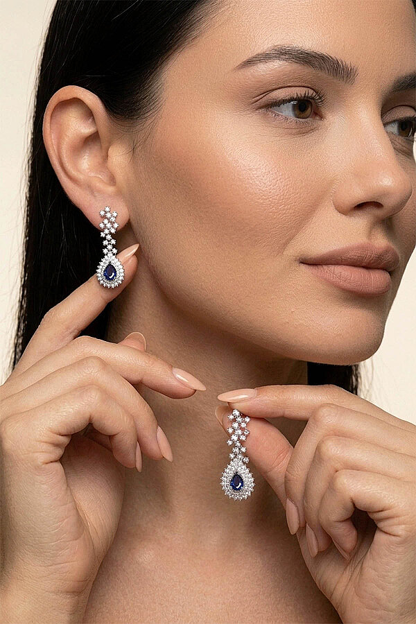 Hürrem Sultan Modeli Safir Taşllı Damla Motifli 925 Ayar Gümüş Küpe - Gümüş Pazarım