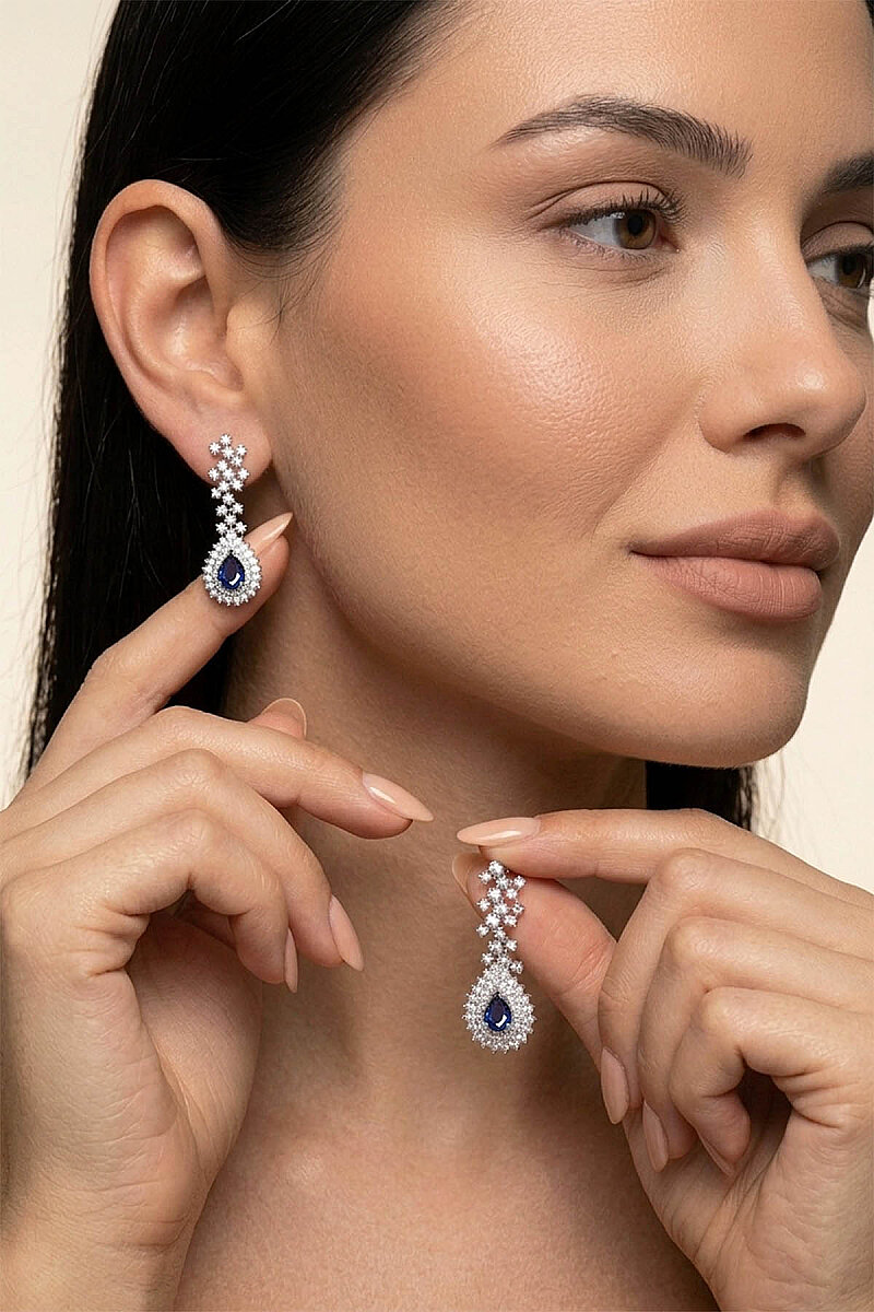 Hürrem Sultan Modeli Safir Taşllı Damla Motifli 925 Ayar Gümüş Küpe - 4