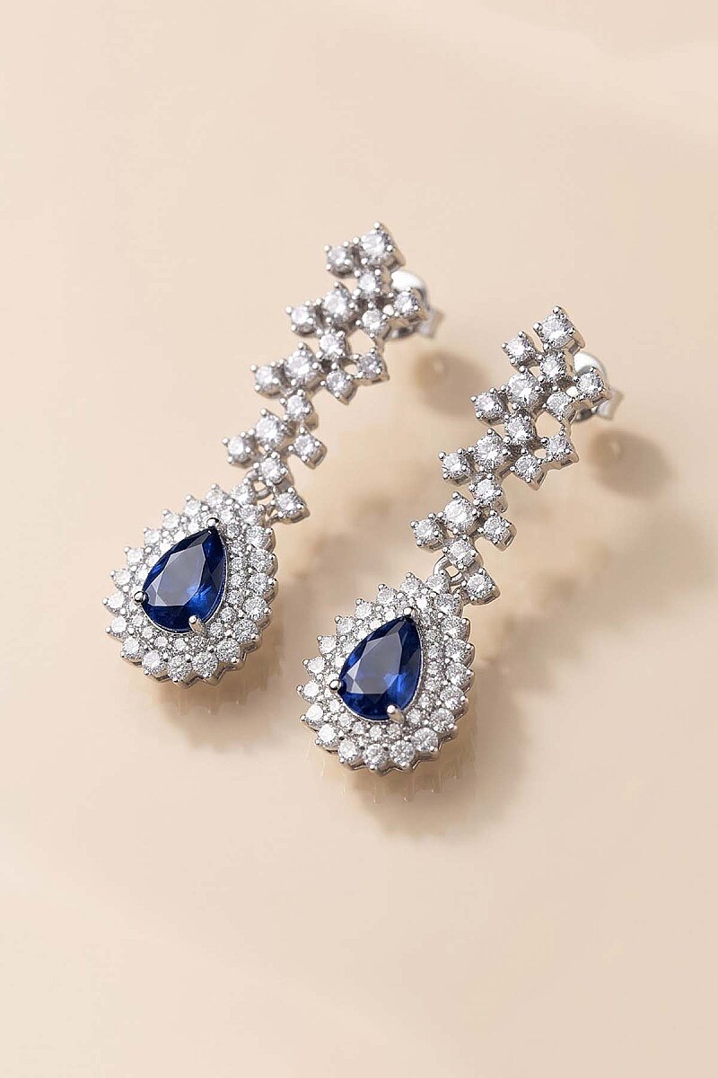 Hürrem Sultan Modeli Safir Taşllı Damla Motifli 925 Ayar Gümüş Küpe - 1