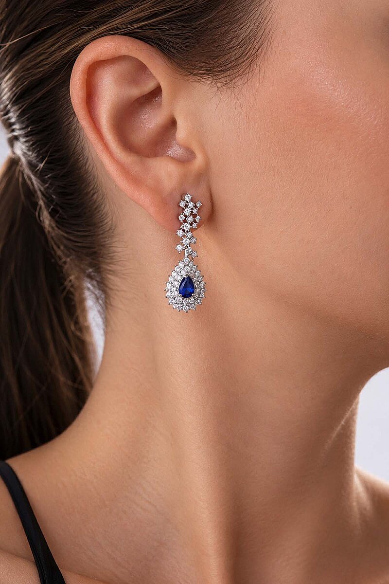 Hürrem Sultan Modeli Safir Taşllı Damla Motifli 925 Ayar Gümüş Küpe - 3