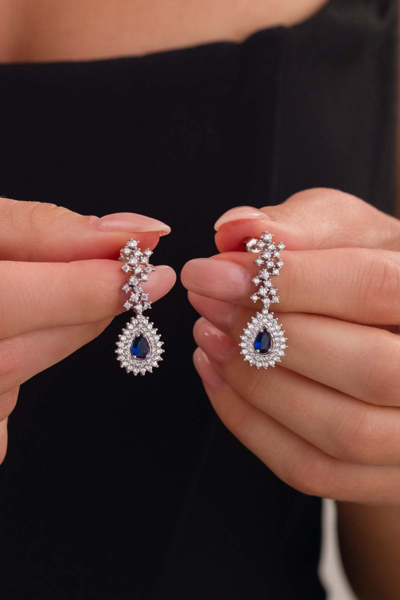 Hürrem Sultan Modeli Safir Taşllı Damla Motifli 925 Ayar Gümüş Küpe - 2