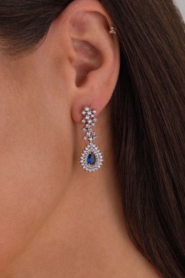 Hürrem Sultan Modeli Safir Taşllı Damla Motifli 925 Ayar Gümüş Küpe - Gümüş Pazarım