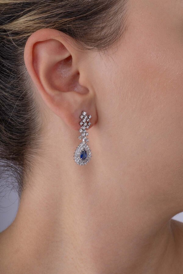 Hürrem Sultan Modeli Safir Taşllı Damla Motifli 925 Ayar Gümüş Küpe - 3