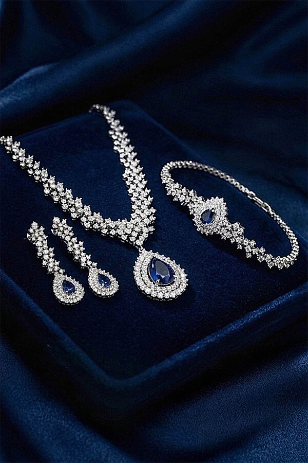 Hürrem Sultan Modeli Safir Taşllı Damla Motifli 925 Ayar Gümüş Set - Gümüş Pazarım
