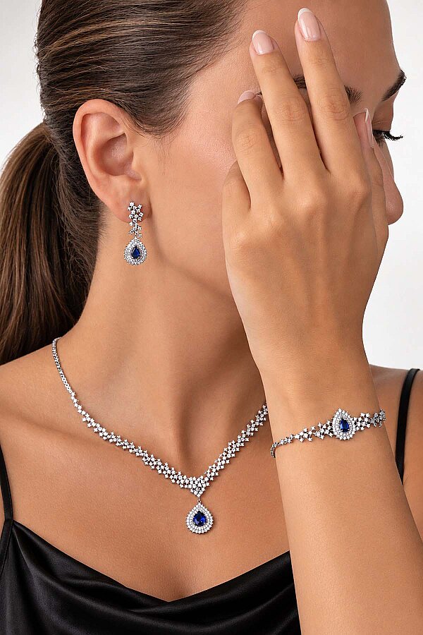 Hürrem Sultan Modeli Safir Taşllı Damla Motifli 925 Ayar Gümüş Set - Gümüş Pazarım (1)