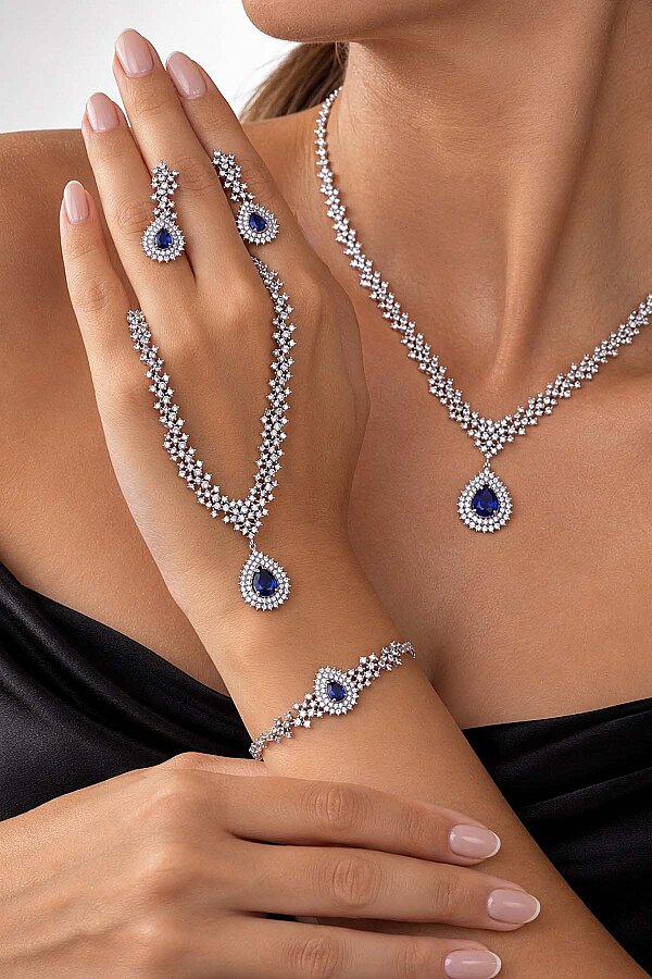 Hürrem Sultan Modeli Safir Taşllı Damla Motifli 925 Ayar Gümüş Set - Gümüş Pazarım