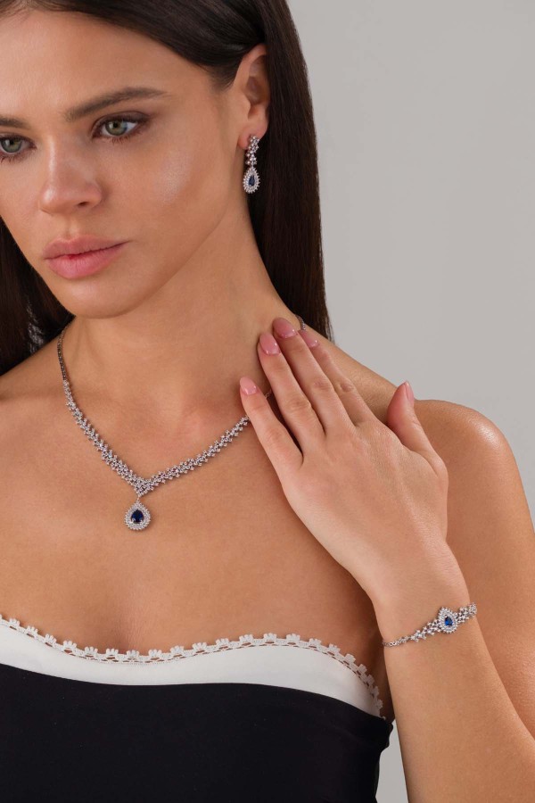 Hürrem Sultan Modeli Safir Taşllı Damla Motifli 925 Ayar Gümüş Set - Gümüş Pazarım