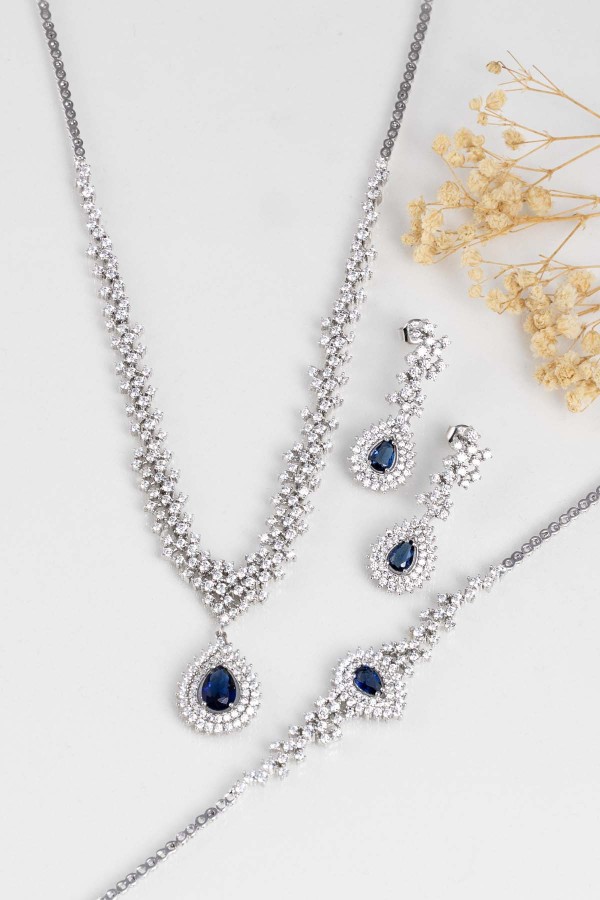 Hürrem Sultan Modeli Safir Taşllı Damla Motifli 925 Ayar Gümüş Set - Gümüş Pazarım (1)