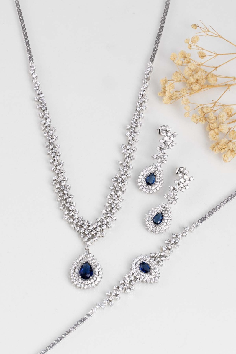 Hürrem Sultan Modeli Safir Taşllı Damla Motifli 925 Ayar Gümüş Set - 2