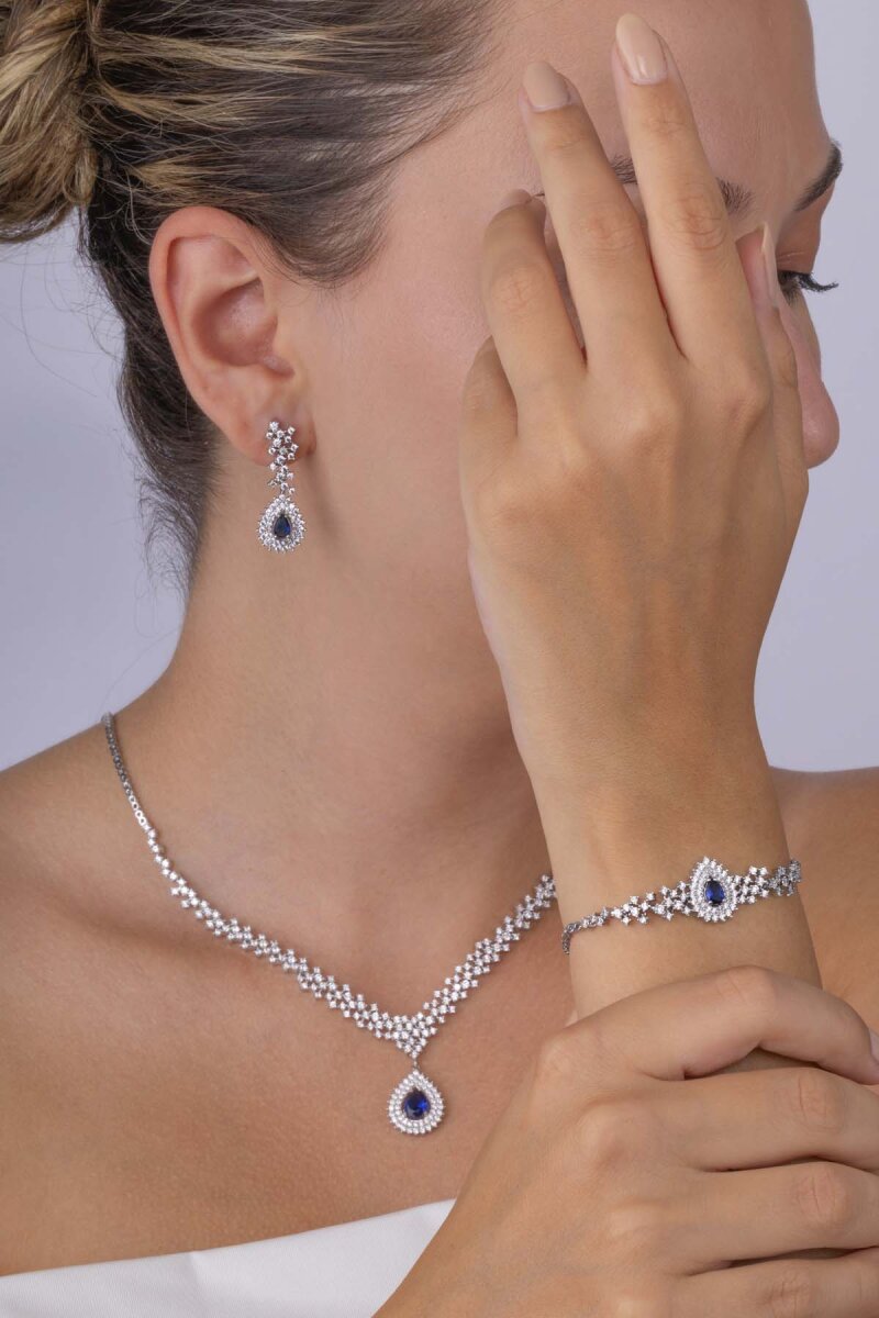 Hürrem Sultan Modeli Safir Taşllı Damla Motifli 925 Ayar Gümüş Set - 1
