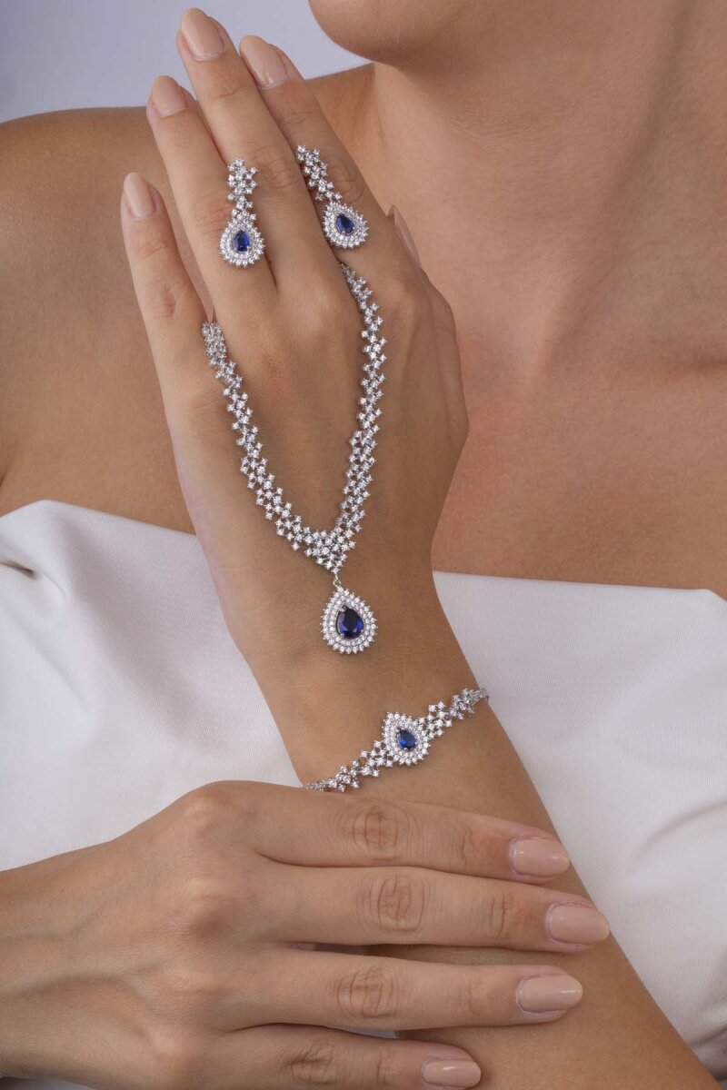 Hürrem Sultan Modeli Safir Taşllı Damla Motifli 925 Ayar Gümüş Set - 2