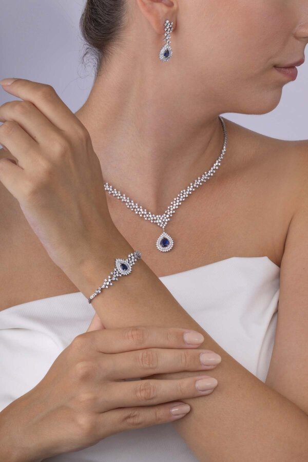Hürrem Sultan Modeli Safir Taşllı Damla Motifli 925 Ayar Gümüş Set - Gümüş Pazarım