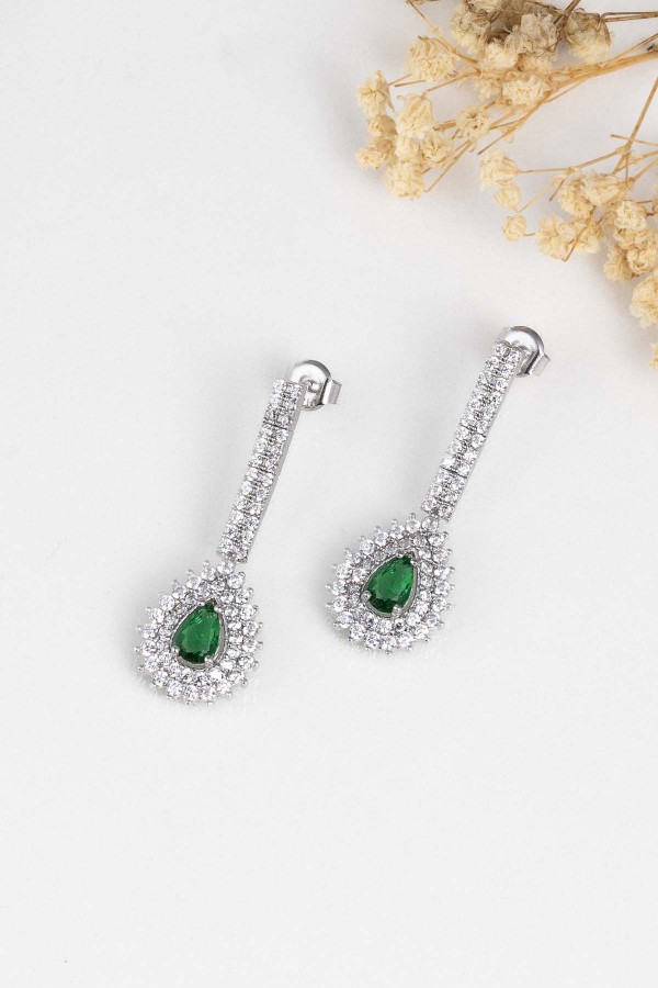 Hürrem Sultan Modeli Zümrüt Taşllı Damla Motifli 925 Ayar Gümüş Küpe 