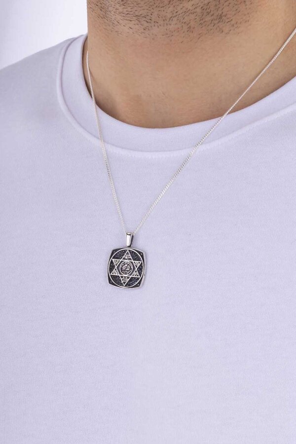 Hz.Süleyman Mührü Kare Gümüş Erkek Kolye - Gümüş Pazarım