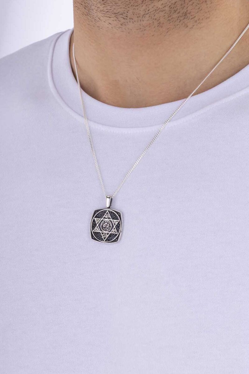 Hz.Süleyman Mührü Kare Gümüş Erkek Kolye - 2