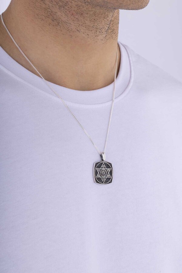 Hz.Süleyman Mührü Kare Gümüş Erkek Kolye - Gümüş Pazarım