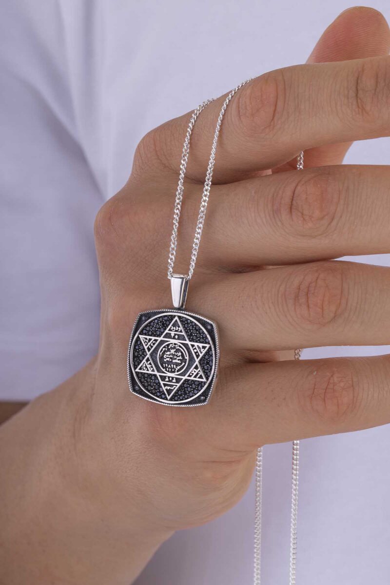 Hz.Süleyman Mührü Kare Gümüş Erkek Kolye - 1