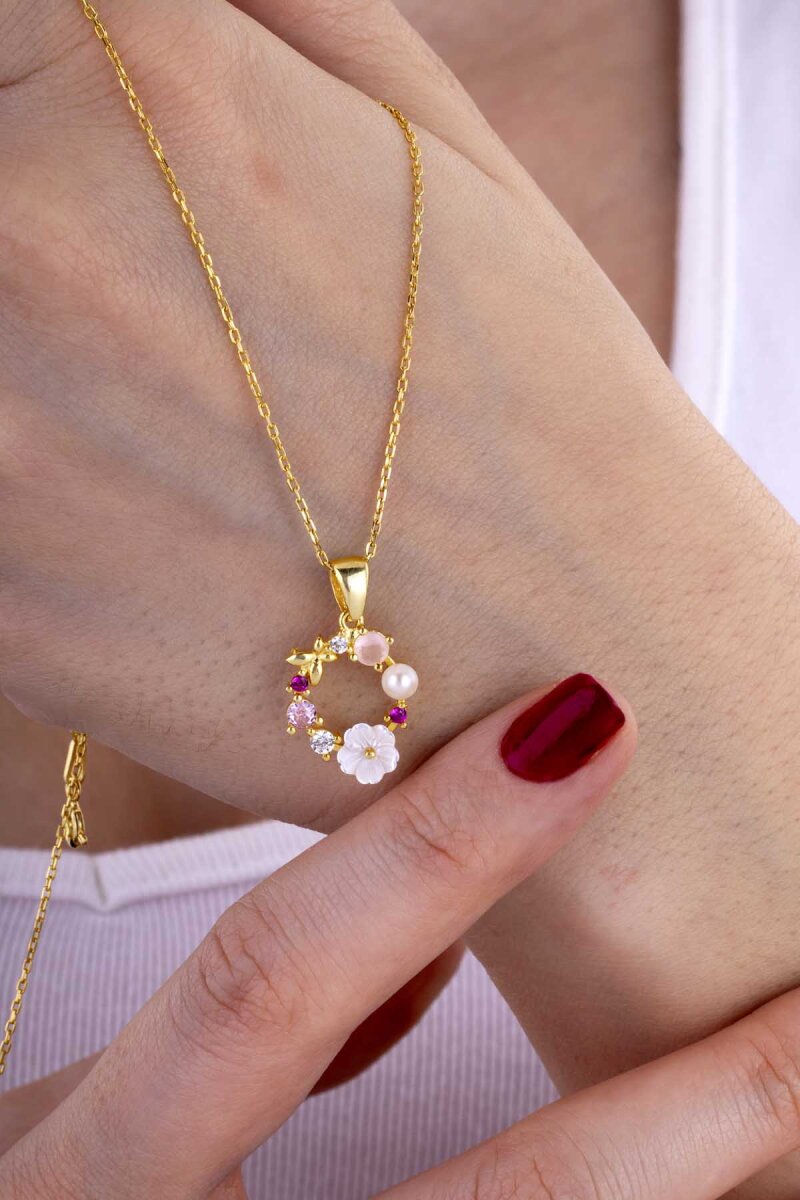 İnci Taneli Manolya Çiçeği Kadın Altın Kaplama Gümüş Kolye - 2