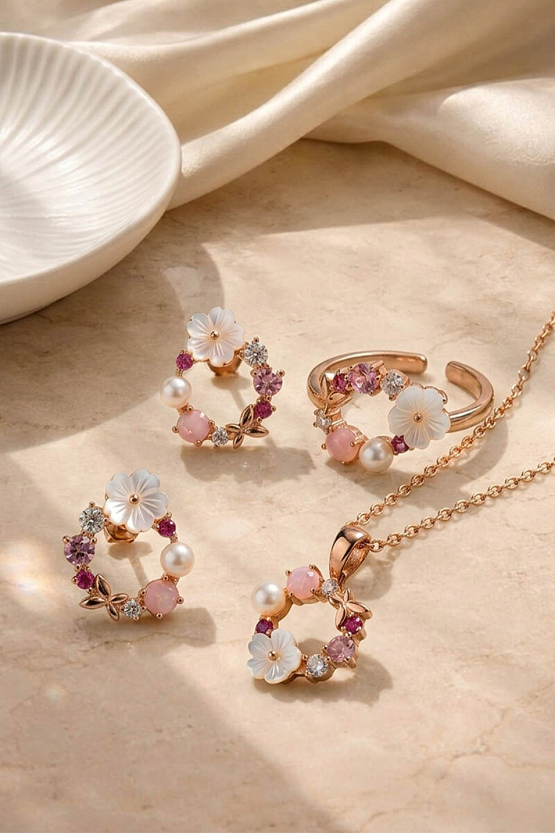 İnci Taneli Manolya Çiçeği Kadın Gümüş Set - 1