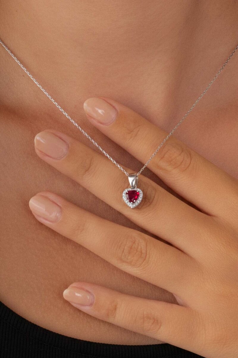 Kırmızı Taşı Kalp Motifli 925 Ayar Gümüş Kadın Kolye - 1