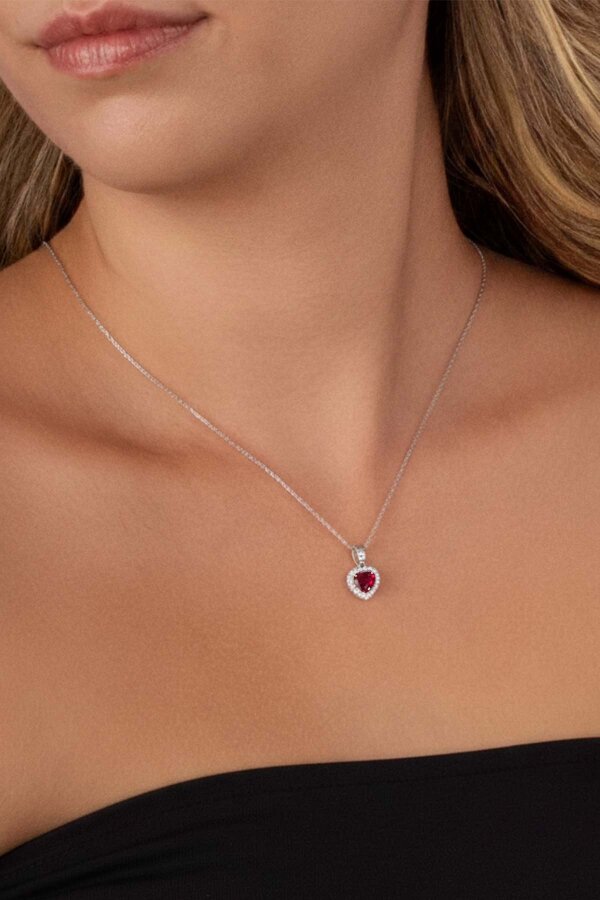 Kırmızı Taşı Kalp Motifli 925 Ayar Gümüş Kadın Kolye - Gümüş Pazarım