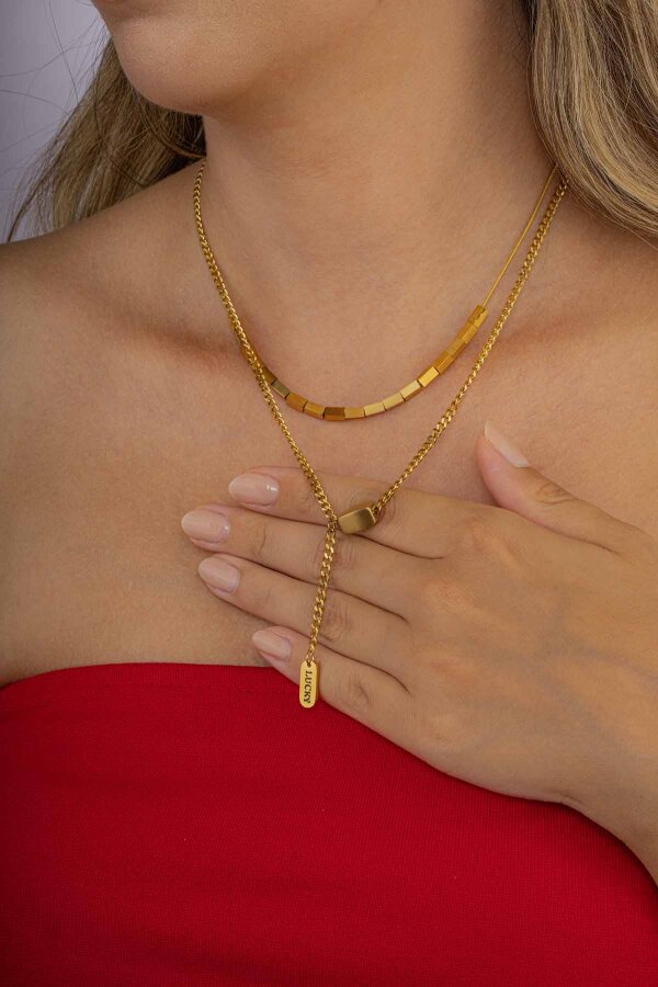 Altın Kaplama Küp Zincirli Çelik Kolye - Gümüş Pazarım