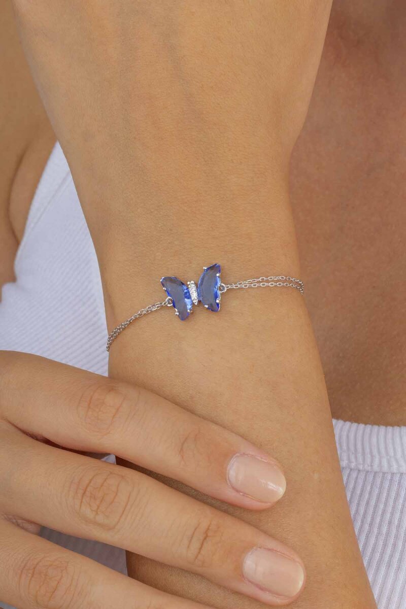 Mavi Taşlı Kelebek Gümüş Bileklik - 1
