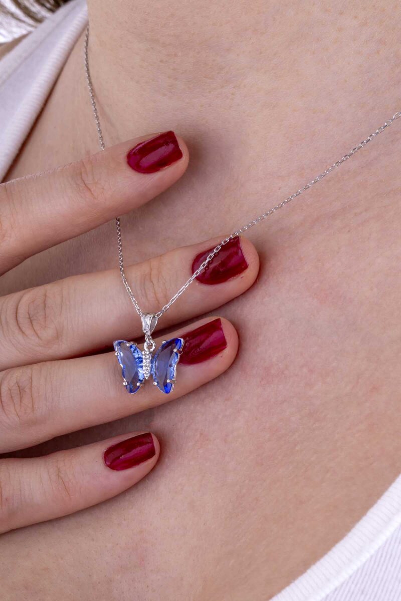 Mavi Taşlı Kelebek Motifli Gümüş Kolye - 1