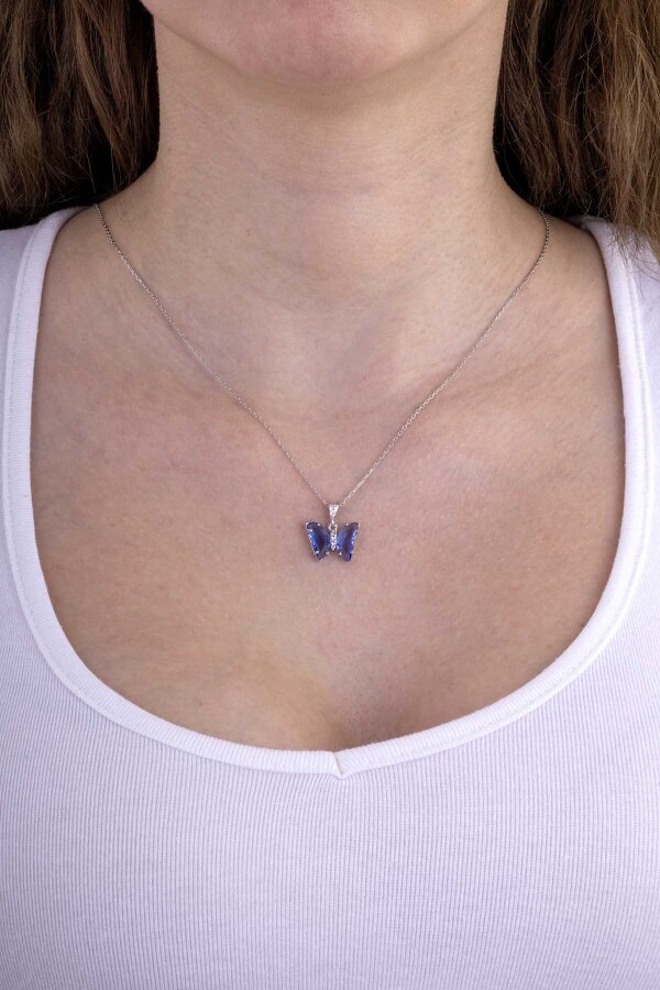 Mavi Taşlı Kelebek Motifli Gümüş Kolye - Gümüş Pazarım
