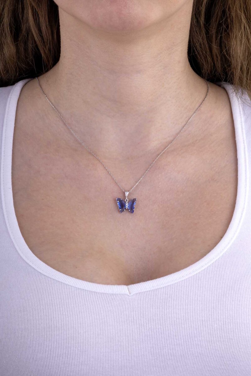 Mavi Taşlı Kelebek Motifli Gümüş Kolye - 3
