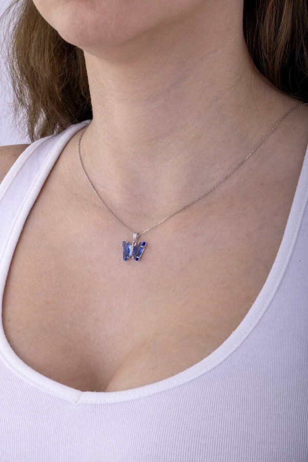 Mavi Taşlı Kelebek Motifli Gümüş Kolye - Gümüş Pazarım