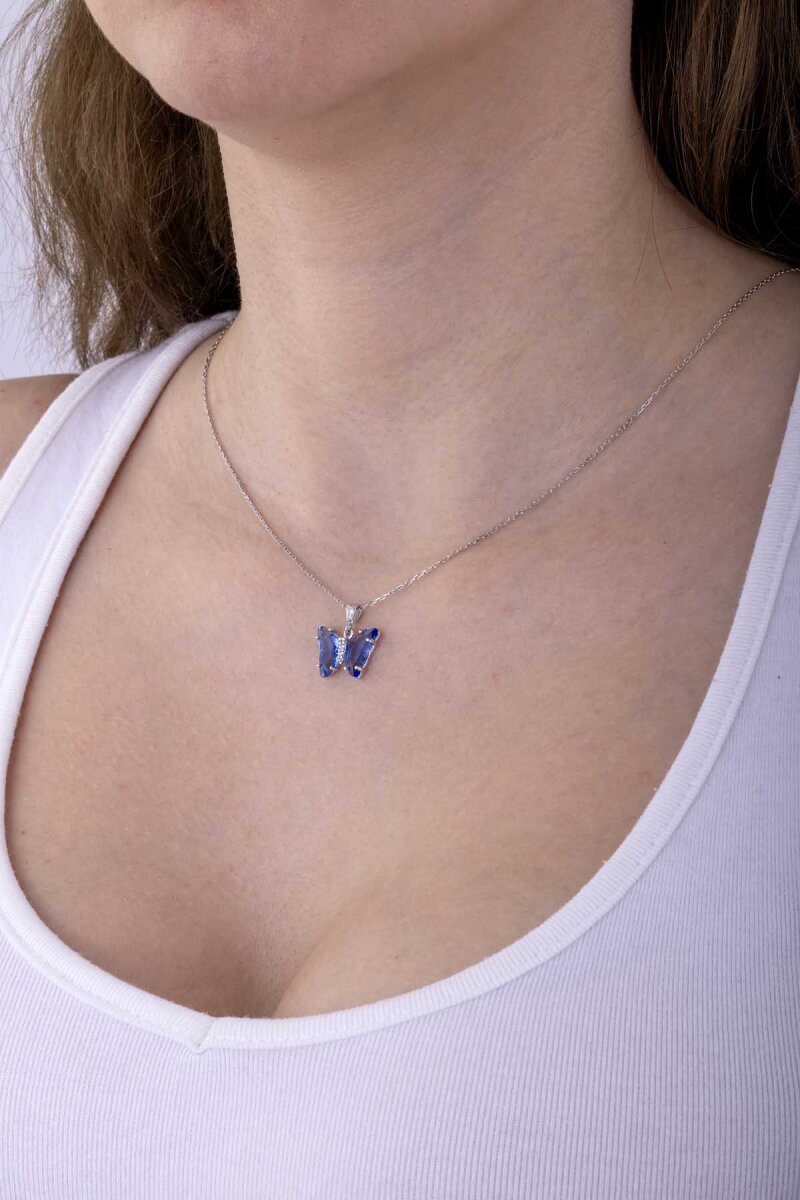 Mavi Taşlı Kelebek Motifli Gümüş Kolye - 4