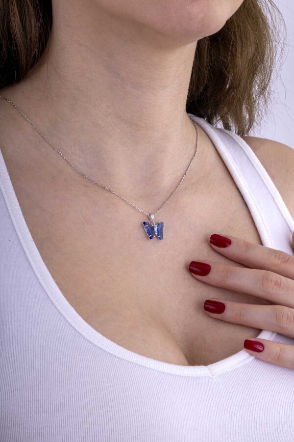 Mavi Taşlı Kelebek Motifli Gümüş Kolye - Gümüş Pazarım