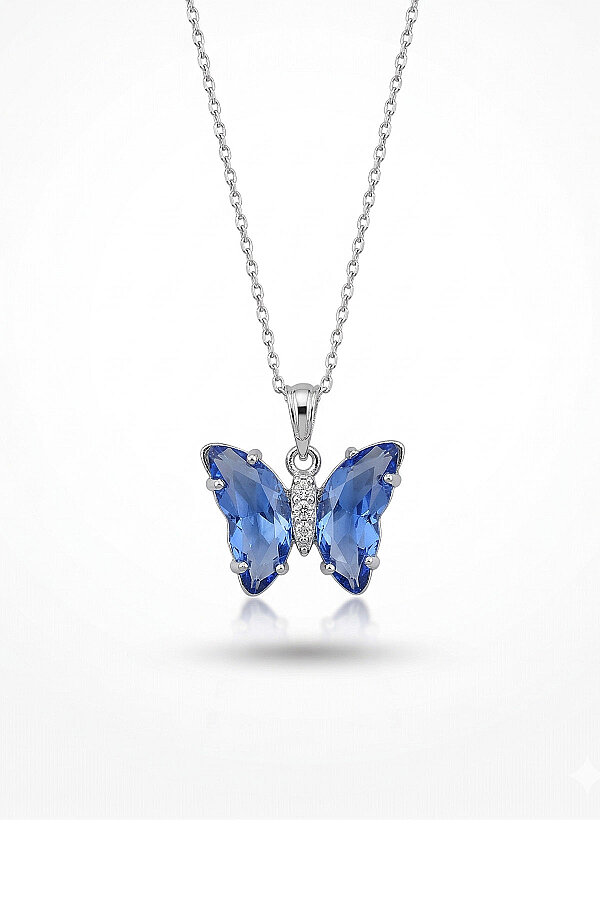 Mavi Taşlı Kelebek Motifli Gümüş Kolye - Gümüş Pazarım