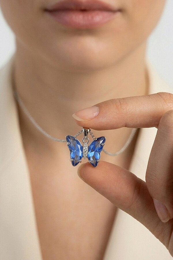 Mavi Taşlı Kelebek Motifli Gümüş Kolye - Gümüş Pazarım