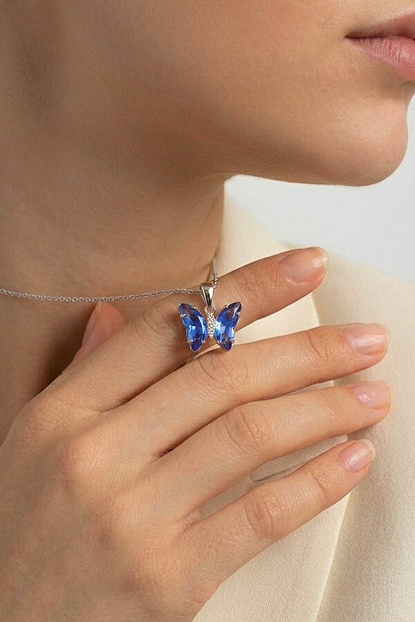 Mavi Taşlı Kelebek Motifli Gümüş Kolye - Gümüş Pazarım