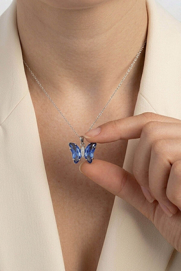 Mavi Taşlı Kelebek Motifli Gümüş Kolye - Gümüş Pazarım