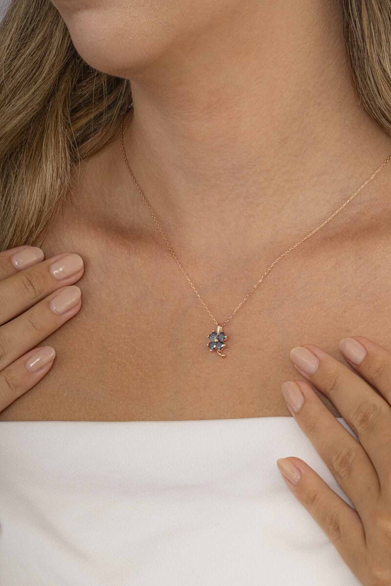 Mistik Topaz Taşlı 4 Yapraklı Yonca Gümüş Kolye - 3