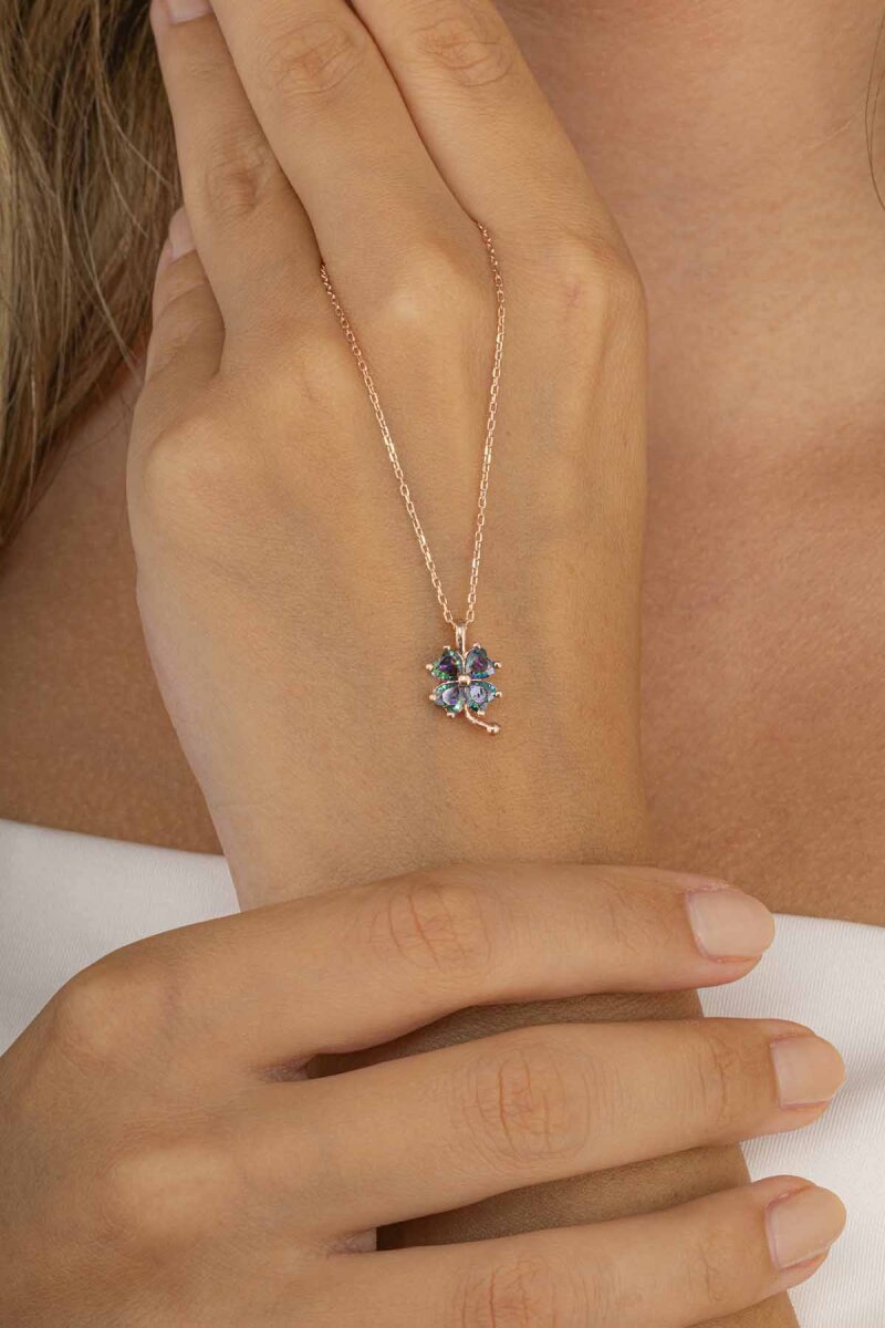 Mistik Topaz Taşlı 4 Yapraklı Yonca Gümüş Kolye - 2