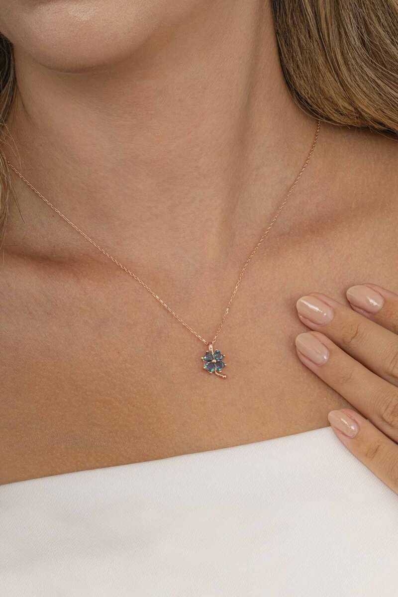 Mistik Topaz Taşlı 4 Yapraklı Yonca Gümüş Kolye - 1