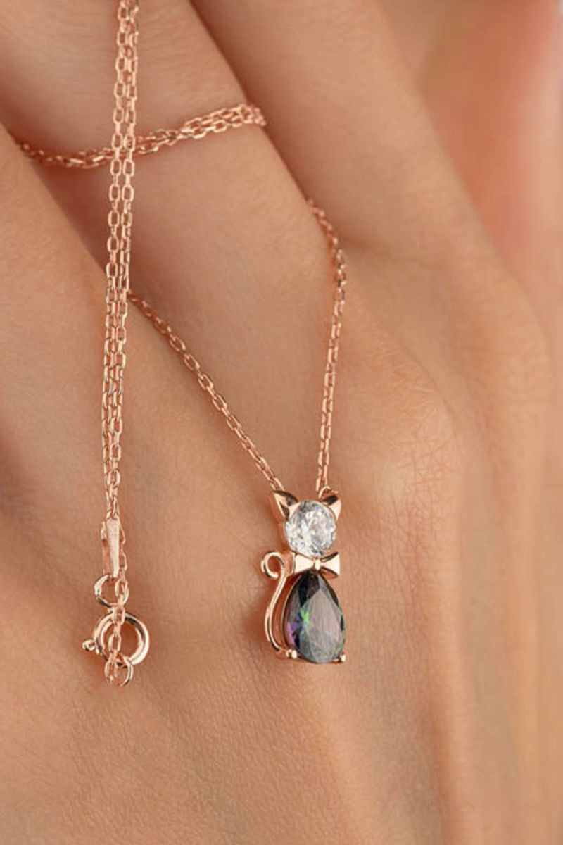 Mistik Topaz Taşlı Kedi Gümüş Kolye - 1